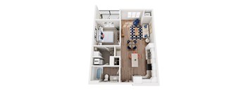 A top-down view of a small, neatly organized bedroom and bathroom.