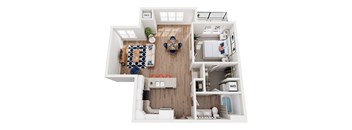 A top down view of a small apartment with a kitchen, living room, and bedroom.