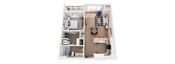 A top-down view of a small apartment with a kitchen, living room, and bedroom.
