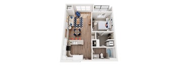 A top-down view of a small, neatly organized apartment with a kitchen, living room, and bedroom.