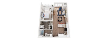 A top-down view of a small apartment with a kitchen, living room, and bedroom.