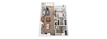 A top-down view of a small apartment with a kitchen, living room, and bathroom.