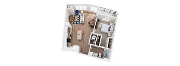 A dollhouse with a living room, kitchen, and bathroom.