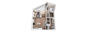 A top down view of a small apartment with a kitchen, living room, and bedroom.