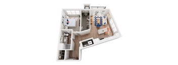 A top down view of a small apartment with a kitchen, living room and bedroom.