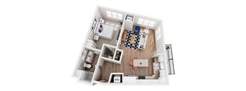 A top down view of a small apartment layout with a living room, kitchen, and bathroom.