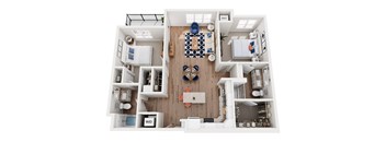 A top down view of a house interior with a kitchen, living room, dining room, and bedrooms.