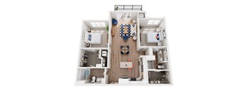 A top down view of a small apartment with a kitchen, living room, and bathroom.