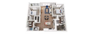 A top down view of a house interior with a kitchen, living room, and bedrooms.