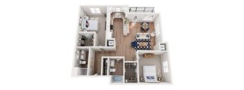 A top down view of a small apartment with a kitchen, living room, and bathroom.