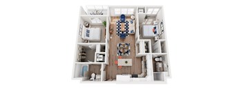 A top-down view of a small apartment with a kitchen, living room, and bedroom.