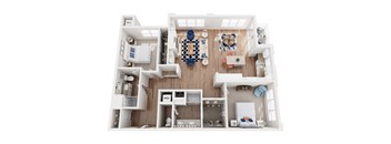 A top-down view of a small apartment with a kitchen, living room, and bedroom.