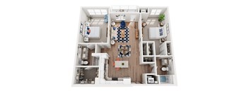 A top-down view of a well-organized apartment with a kitchen, living room, and bedrooms.