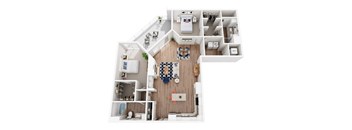 A top-down view of a house layout with a kitchen, living room, and bathroom.
