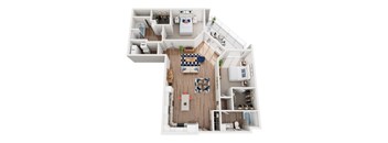 A floor plan of a house with a living room, kitchen, and two bedrooms.