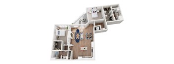 A 3D floor plan of a house with a kitchen, living room, and bathrooms.