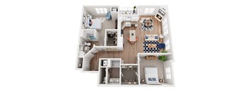 A top down view of a house interior with a living room, kitchen, and bedrooms.