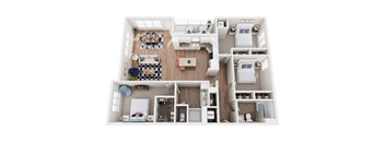 A 3D floor plan of a house with labeled rooms.