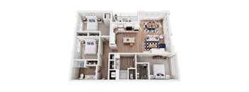 A 3D floor plan of a house with labeled rooms.