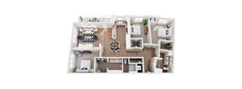 A top-down view of a well-organized kitchen and living room.