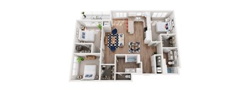 A top-down view of a house layout with a living room, kitchen, and bedrooms.