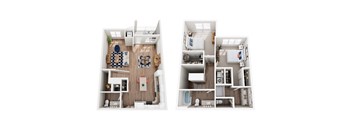 A top down view of a small apartment with a kitchen, living room, and bathroom.