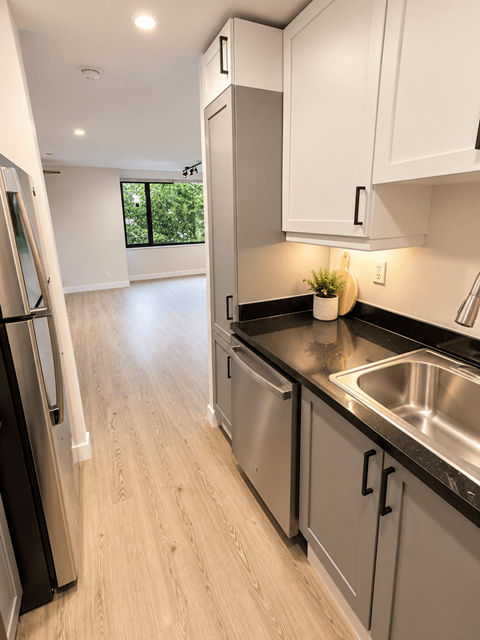 A kitchen with a black counter top and stainless steel appliances.