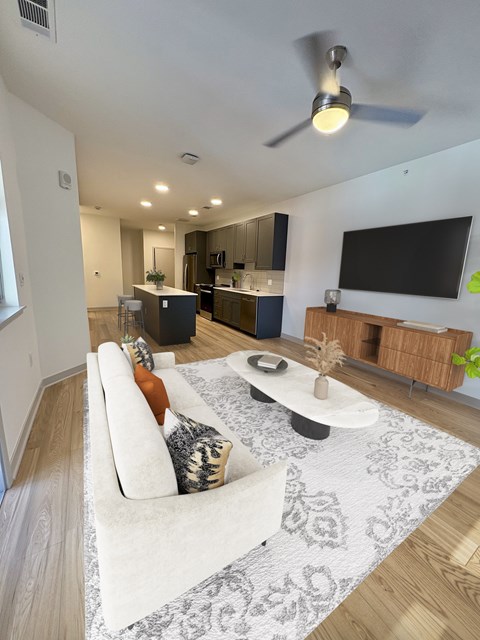 A modern living room with a white couch and a grey rug.
