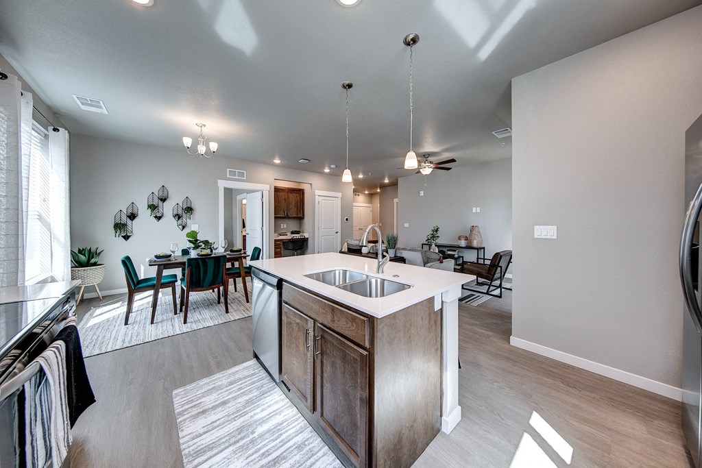 Pelican kitchen island with dining room view