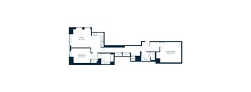 A black and white image of a floor plan for a home with a living room, bedroom, and home office.