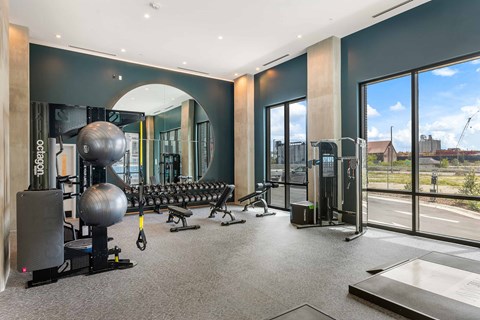 the gym has a view of the city
