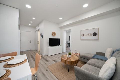A modern living room with a grey couch and a wooden coffee table.