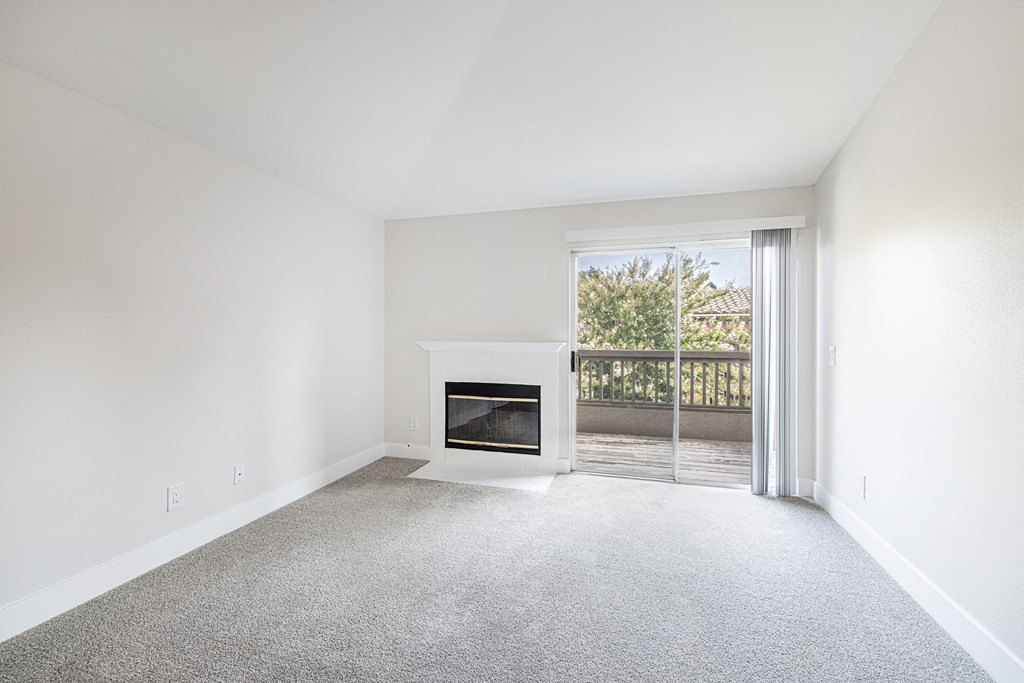 2 Bedroom, 2 Bathroom Floorplan Living Room with Fireplace at Deerwood Apartments