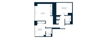 A floor plan of a house with a living room, bedroom, and home office.
