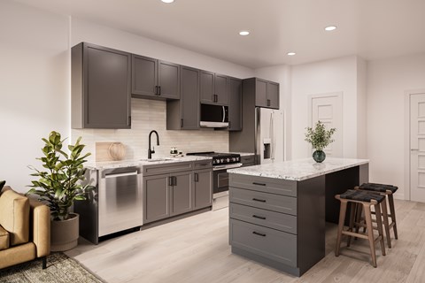 A modern kitchen with dark brown cabinets and a white countertop.