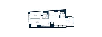 A floor plan of a house with a bedroom, home office, living room, and a W/D.