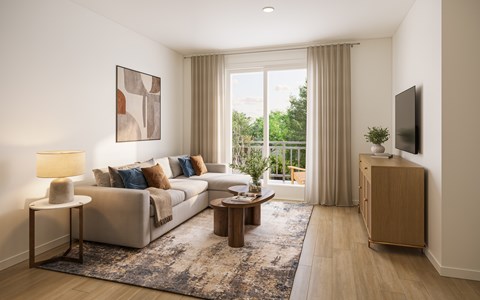 A living room with a couch, a coffee table, a side table, a television, and a large window.