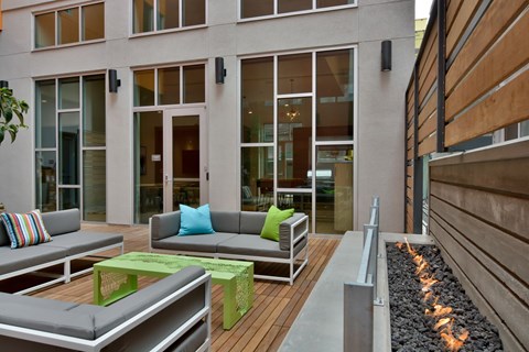 A modern outdoor seating area with a fire feature.