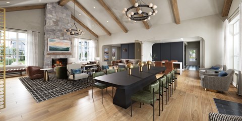 A large, open-concept living room with a fireplace and a dining area.