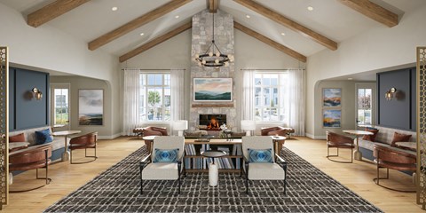 A large, open-concept living room with a fireplace and a high ceiling.