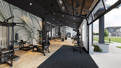 A gym with a black and white striped wallpaper and wooden floors.