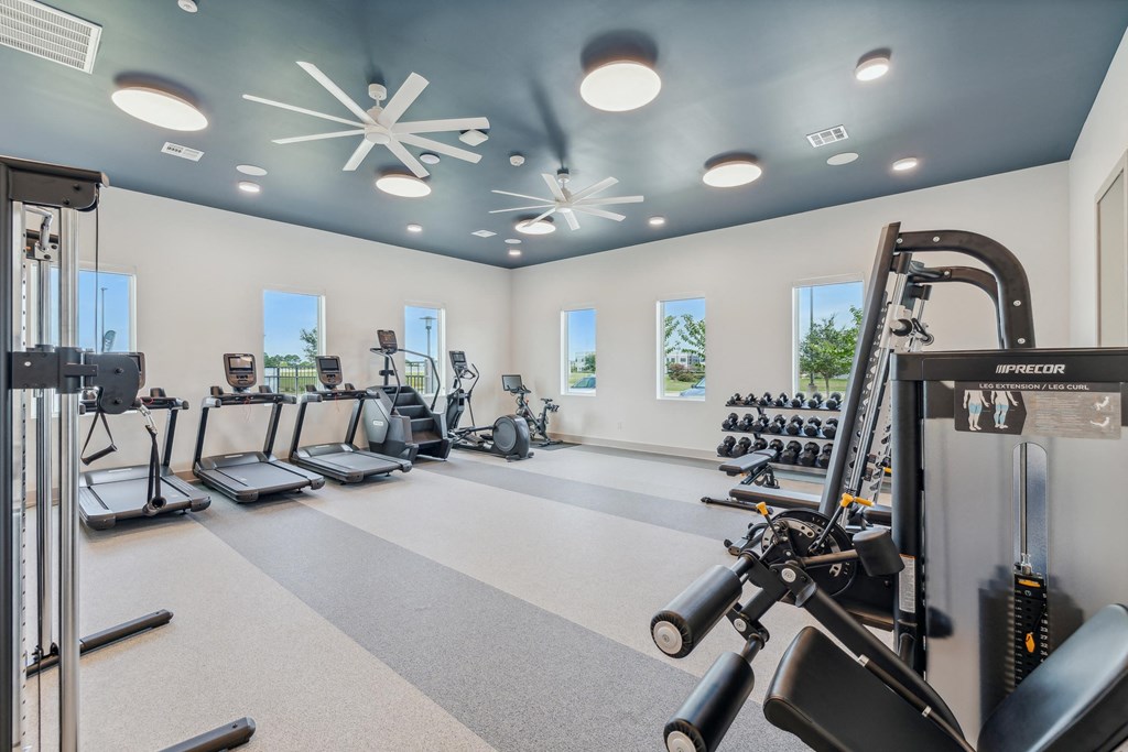 a gym with cardio equipment and windows on the wall