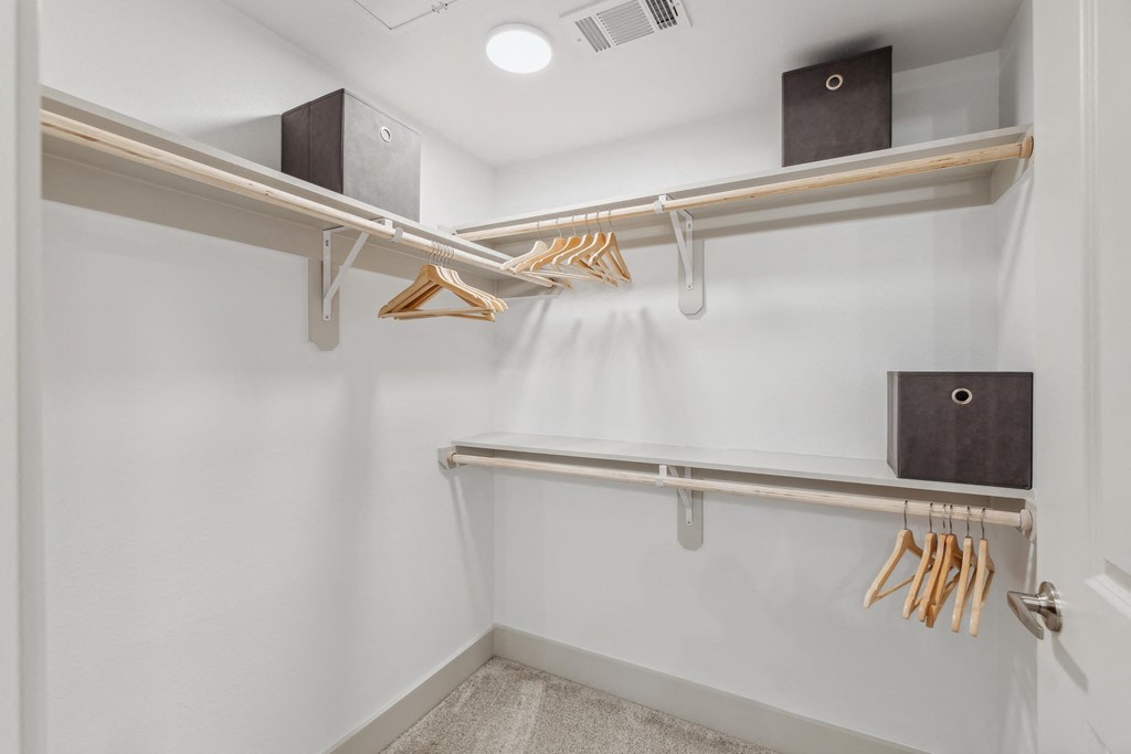 a walk in closet with white walls and a closet organizer with hangers and hooks