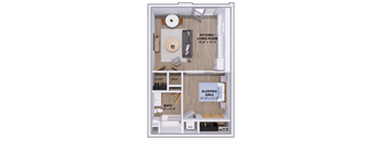 A floor plan of a small apartment with a kitchen, living room, and sleeping area.