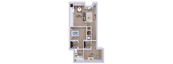 A floor plan of a one bedroom apartment with a kitchen, living room, sleeping area, bathroom and den.