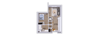 A floor plan of a small apartment with a sleeping area, kitchen, bathroom, and living room.