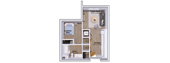 A diagram of a small apartment layout with a sleeping area, kitchen, bath, and living room.