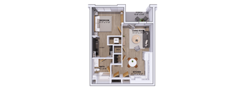 A floor plan of a small apartment with a bedroom, living room, kitchen, and bathroom.