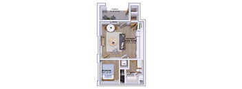 A floor plan of a small apartment with a kitchen, living room, bedroom, and bathroom.