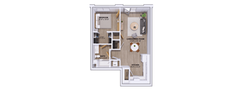 A floor plan of a small apartment with a bedroom, living room, kitchen, bathroom, and pantry.